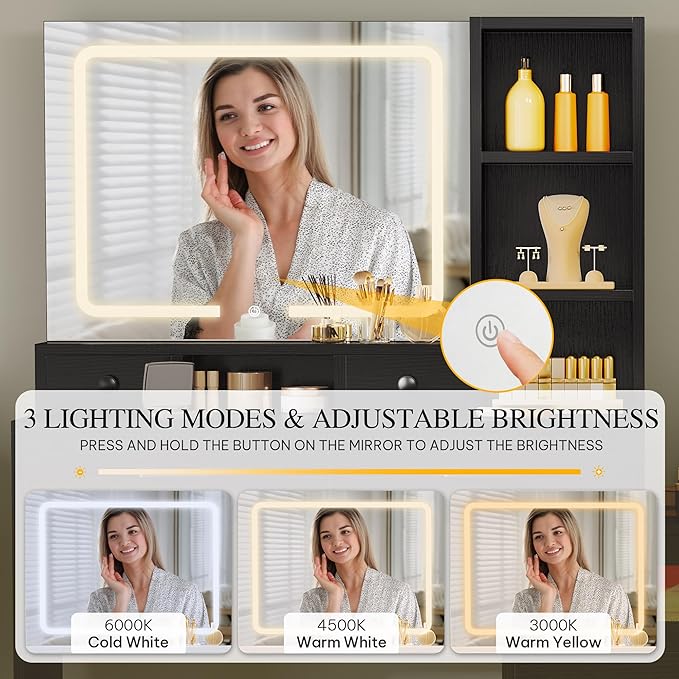 DWVO Large Vanity Desk with Mirror - RGB LED and Charging Station, Make up Vanity Mirror with 3 Lights Mode and Brightness Adjusted, Large Storage Space-10 Drawers, 3 Open Shelves, Black