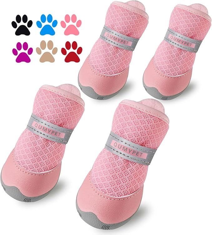 QUMY 4PCS Dog Shoes for Small Dogs, Hot Pavement Summer Puppy Dog Boots & Paw Protectors with Soft Anti-Slip Rubber Sole, Mesh Breathable Dog Booties for Hardfloors, Walking Running Pink Size 4