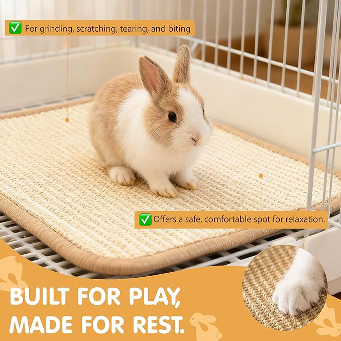Rabbit Scratching Pad, Sisal Bunny Scratch Mat for Cages - 2PCS Natural Rabbits Nail Scratcher for Indoor Rabbit Chew Toys & Bedding, 16x12 Inch