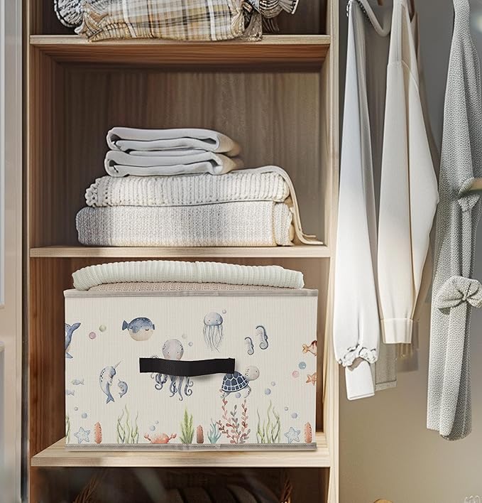 Nogrit Watercolor Ocean Animal Storage Bins Box, Toybox for Boys Girls, Coastal Beach Sea Life Foldable Baskets Organizer Container with Handles for Kids Bedroom Bathroom Clothes Toys Books