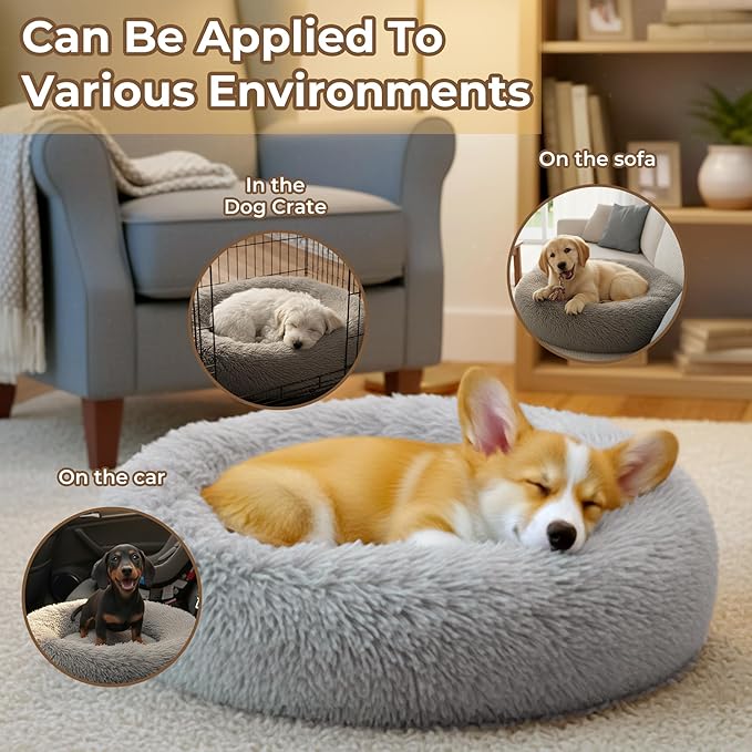 Calming Anti-Anxiety Donuts Dog And Cat Bed, Round Fluffy Soft Washable Small Medium Pet Bed For Puppy And Kitten, Cuddler Warming Comfortable Cushion, Luxury Anti-Slip Waterproof Mute Base 28in Gray