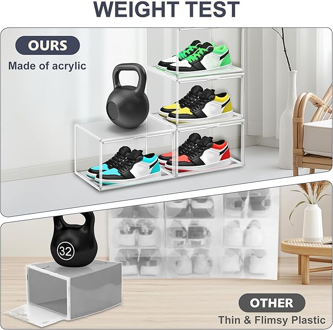 5 Pack Clear Shoe Boxes Size 12 Shoe Storage Organizer for Closet Stackable Shoes Rack Handbag Organizer Plastic Sneaker Storage Bin with Magnetic lids
