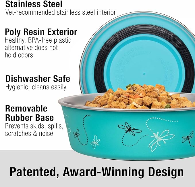 Stainless Steel Dog Bowl – Spill Proof Non-Slip Bella Bowl for Dogs & Cats – Small Dragonfly