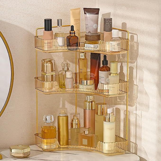 Aveniee Corner Bathroom Counter Organizer, Bathroom Countertop Shelf Makeup Organizer for Vanity Perfume Tray for Corner Storage (3 Tiers, Gold)