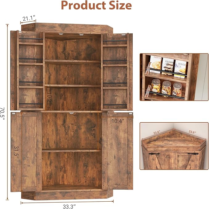 Corner Cabinet,71'' Kitchen Pantry Storage Cabinet with 4 Doors and Shelves, Tall Food Pantry Storage Cabinet Farmhouse Furniture for Kitchen Dining Room, Brown