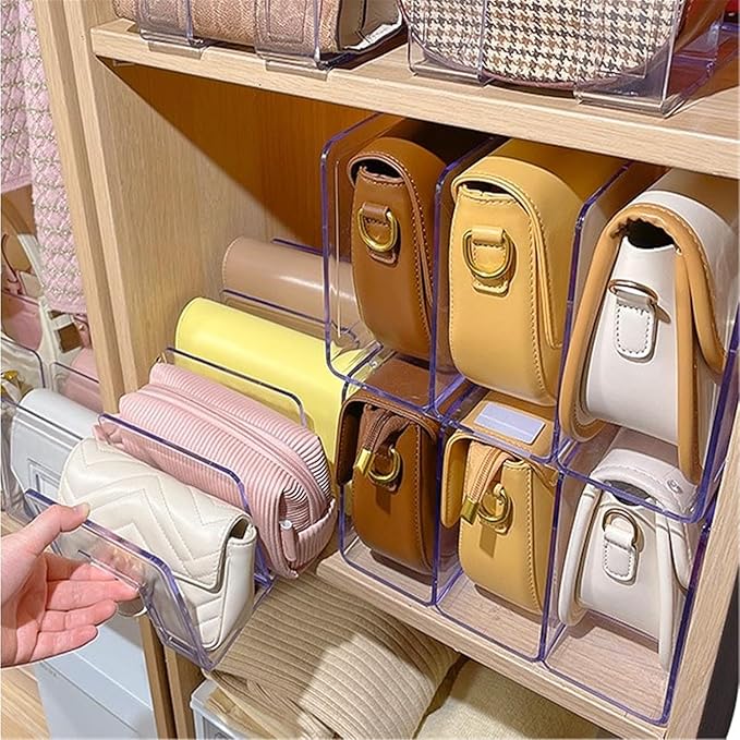YAGELI Clear Acrylic Purse Organizer for Closet, 3-4 Section Desk File Sorter, 2.95" Wide Slots for Clutches, Handbags, Binders & Folders, Sturdy Stackable Bookshelf Organizer