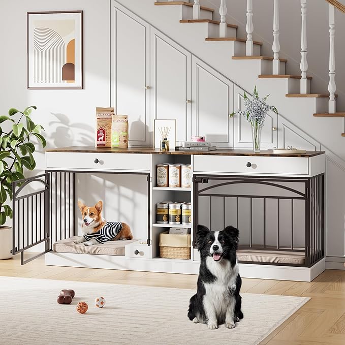 GarveeHome Dog Crate Furniture for 2 Dogs, Dog Kennel Indoor with Storage and Feeding Bowls, Double Dog Crate TV Stand for Small Medium Dogs, White
