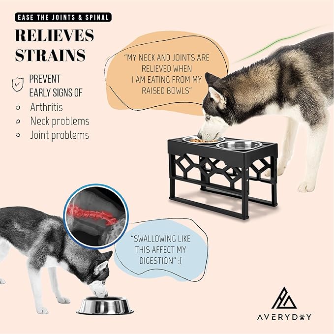 AVERYDAY Elevated Dog Bowls, 4 Height Adjustable Stand for Medium and Large Dogs, Raised Dog Feeder Holder with 2 Stainless Steel Food and Water Bowls, Anti-Slip Base Tall Feeding Station
