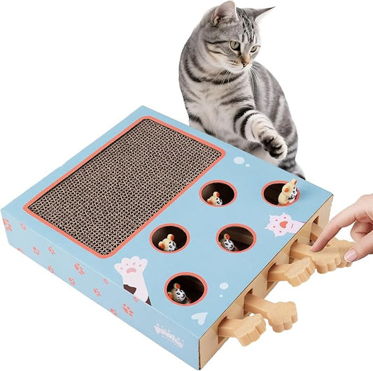 PAWISE 3-in-1 Interactive Cat Toy, Whack-A-Mole Cat Puzzle & Cat Scratching Board with Catnip, Cardboard Cat Scratcher Box for Indoor Cats, Kitten IQ Boost & Boredom Relief