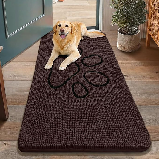Smiry Dog Door Mat for Muddy Paws, Absorbent Dirt Trapper Non Slip Quick Dry Washable Chenille Mat for Mud Dogs, Entry Rug for Indoor and Outdoor (48x30 Inches, Brown and Black)
