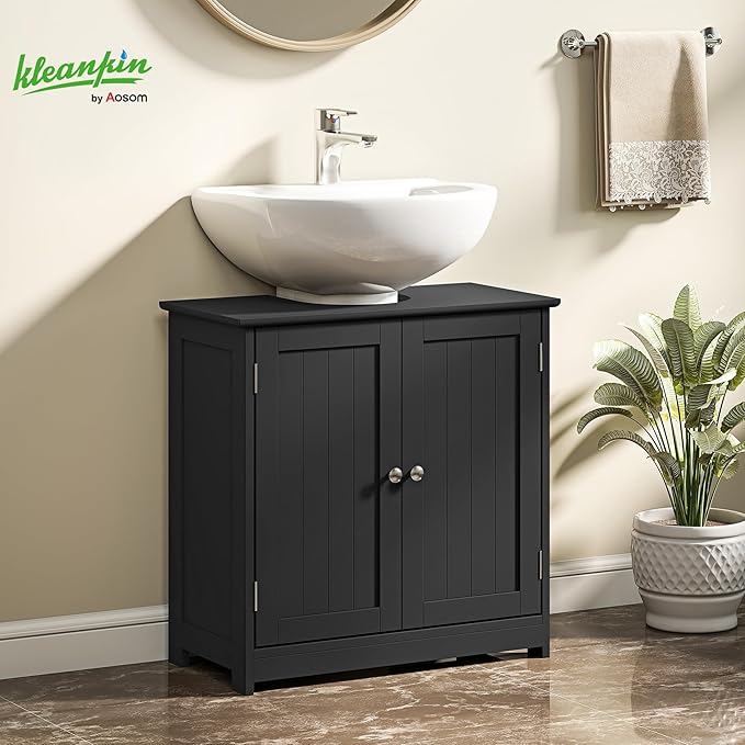 kleankin 23.5" Pedestal Sink Storage Cabinet, Freestanding Bathroom Under Sink Cabinet with U-Shape Cut-Out and Adjustable Shelf, Black