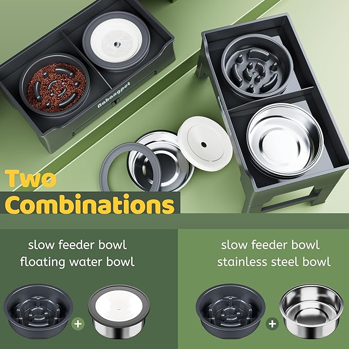 2-in-1 Elevated Dog Bowls, Mess-Proof Slow Feeder with No-Spill Water Bowl, 4 Height Adjustable, 2 Combination Options, Raised Bowl for Small, Medium & Large Dogs (Grey)