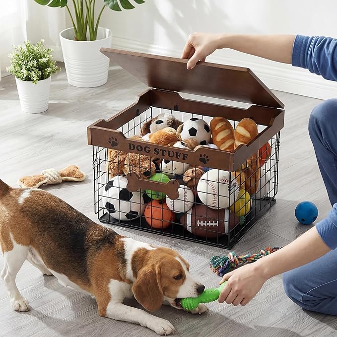 Dog Toy Bin Basket with Lid, 15.4'' Large Metal Dog Toy Storage Box with Bone Handle, Organizer Chew for Living Room, Farmhouse Food Storage Organizer for Leash Chew Blankets Clothes(Brown)