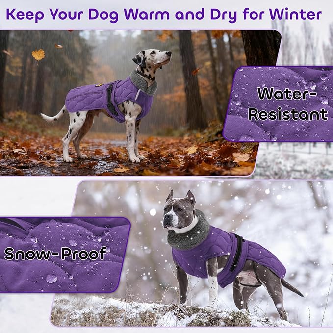 Dog Coat Winter, Waterproof Quilted Dog Jacket for Cold Weather, Reflective Adjustable Puppy Winter Coat, Warm Turtle-Neck Pet Fleece Snow Jacket for XX-Large Dogs, NewPurple XXL