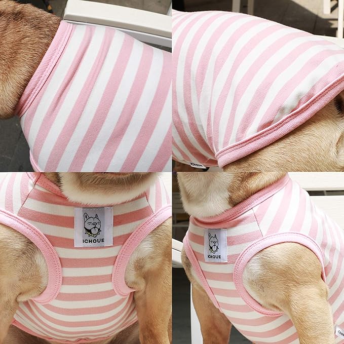 iChoue 3pcs French Bulldog Striped Shirts 100% Breathable Cotton Tank Tops Vests Clothes for Frenchie Dogs, Pink Purple Green Stripes, Large