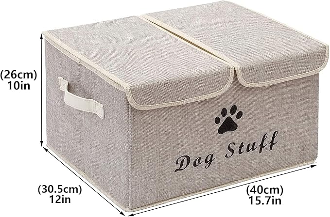 Geyecete Large Storage Boxes - Large Linen Fabric Foldable Storage Cubes Bin Box Containers with Lid and Handles for Dog Apparel & Accessories, Dog Clothing(Beige)