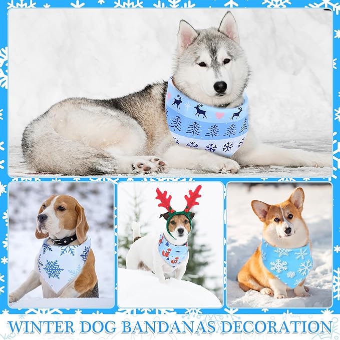 Abbylike 200 Pcs Winter Dog Bandanas Bulk Blue Snowflake Bandanas for Dogs Triangle Kerchief Bibs Scarf Set for Pet Christmas Xmas Winter Costume Photo Props Accessories Pet Shops Grooming, 25 Styles
