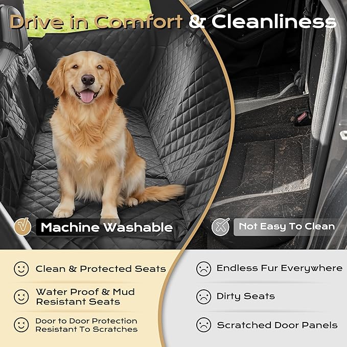 Dog Car Seat Cover for Back Seat, Scratch & Tear Resistant Hard Bottom Dog Hammock & Extender with 450LBS Support - Waterproof, Non-Slip, Full Seat & Door Protection for SUV, Truck, Sedan