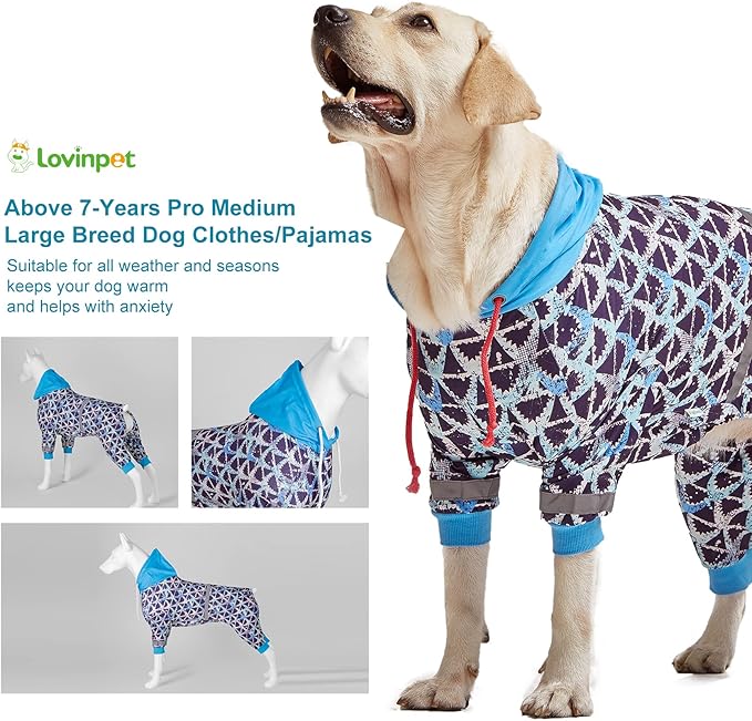LovinPet Large Dog Onesies Big Pajamas: Wound Care/Post Surgery, Anxiety Relief, Lightweight Stretchy Fabric, Dog Pajamas,Dog Jammies, Reflective Stripe,Brown Shark Print, Pet PJ's/XL