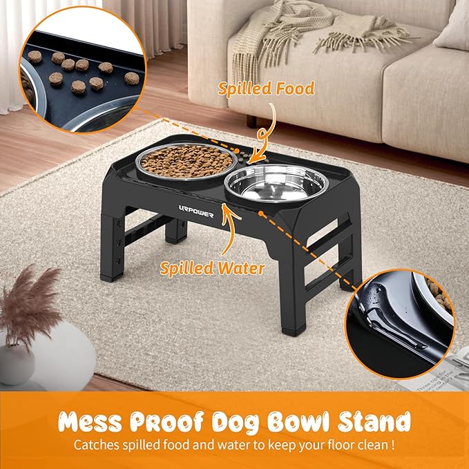 URPOWER Raised Dog Bowls 4 Height Adjustable Elevated Bowl Stand with Stainless Steel Water Bowl Non-Slip Dog Food Bowls Stand for Small Medium Large Dogs and Pets