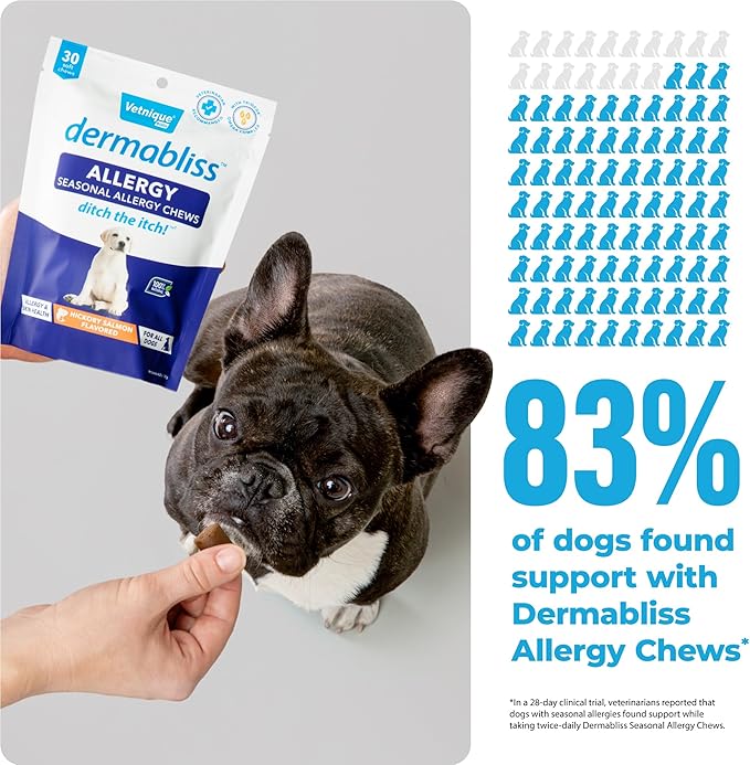 Vetnique Dermabliss Dog Allergy Relief & Immune Support Supplement Allergy Chews for Dogs Itching and Licking with Omega 3 Fish Oil & Probiotics for Itch Relief - Vet Recommended (30 Count Chews)