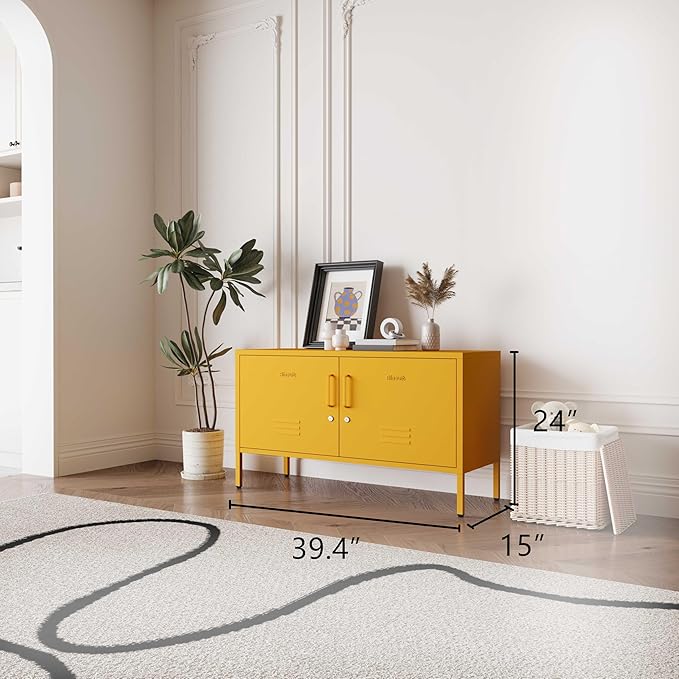 Yellow Metal Storage Cabinet with Lock, 2-Door Wide Organizer, Adjustable Shelves, Multifunctional TV Stand & Entertainment Center for Bedroom, Living Room, 24" H x 39.4" W x 15" D