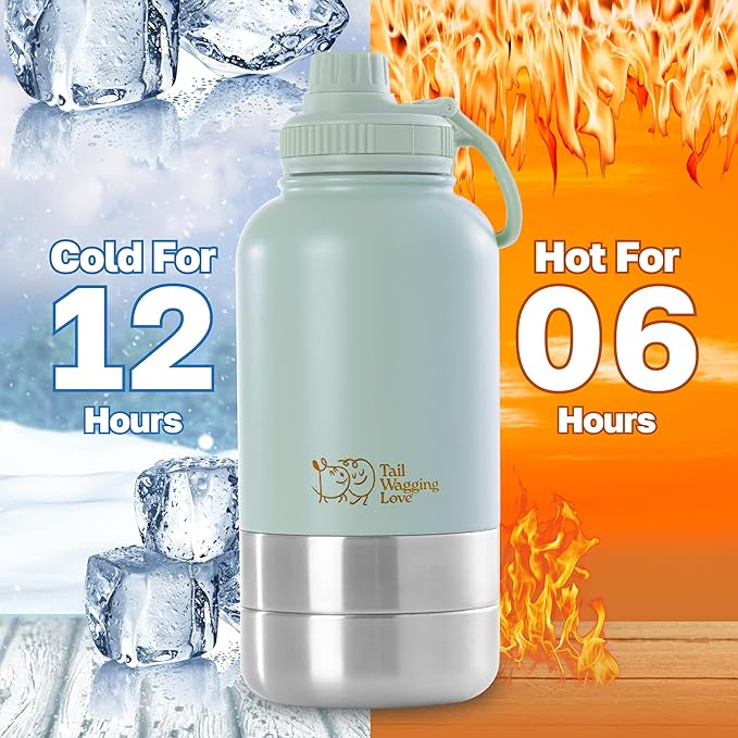 32oz 3-in-1 Portable Dog Travel Water Bottle, Food & Hydration Bottle - Dual Use for Humans & Pets with Detachable Bowls, Stainless Steel, Keeps Water Hot for 6hrs & Cold for 12hrs