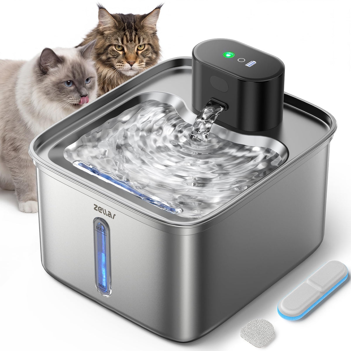 Wireless Cat Water Fountain, 108oz/3L Pump-Free Ultra-Quiet Pet Water Dispenser, Stainless Steel with Multi-Layer Filtration, 3 Smart Modes & Motion Sensor,Automatic Drinking Fount