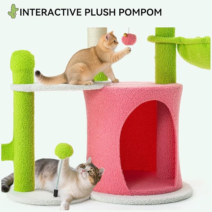YITAHOME Cactus Cat Tree: 36 in Cats Tower for Indoor Kittens with 2 Platforms, Scratching Post, Spring Ball, Hanging Ball, Hanging Basket, Green & Pink