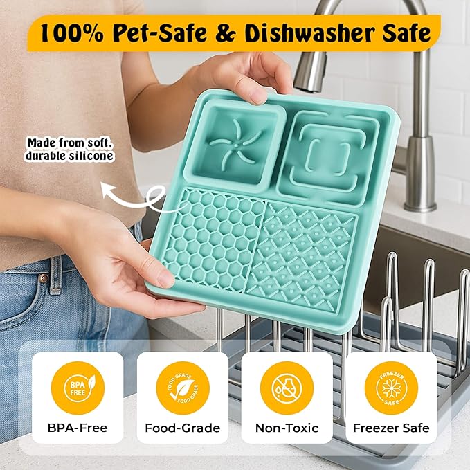 Cat & Dog Lick Mat with Suction Cups - 2-in-1 Silicone Lick Pad & Puzzle Feeder - Pet Food Mat for Anxiety Relief & Boredom - BPA-Free & Dishwasher Safe - Turquoise