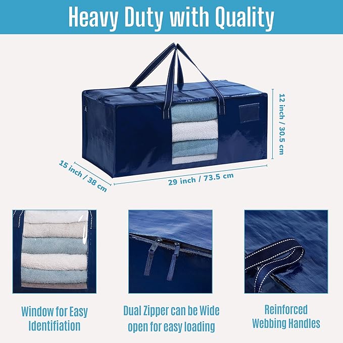 VENO 10 Pack Moving Bags Extra Large Storage Bags for College Move-In, Heavy-Duty Storage Totes, Packing Boxes, and Wardrobe Moving Supplies - Durable Laundry Bags for Clothes (Blue w/Window, 10 Pack)