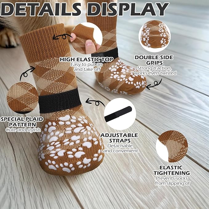 EXPAWLORER Dog Socks for Cold Winter Snow to Prevent Licking Paws, Anti Slip Doggie Booties Grippy Shoes for Hardwood Floors, Boots & Paw Protectors for Small Medium Large Senior Dogs Khaki XS