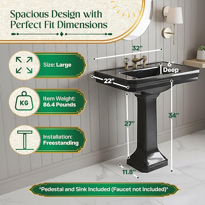 Victoria 32" Large Black Pedestal Bathroom Sink With Overflow Heavy Duty Porcelain Pre-Drilled Widespread Faucet Holes Renovators Supply Manufacturing