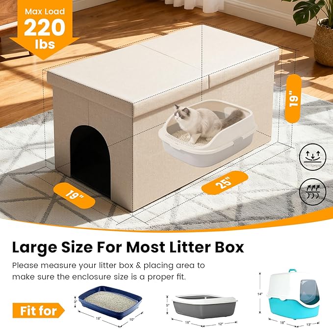 3-in-1 Cat Litter Box Enclosure with Odor Control, Multi-Functional Hidden Litter Box Furniture Bench, Dog Proof, Space-Saving Ottoman Cabinet with Flip-Up Lid, Storage Footrest, Beige