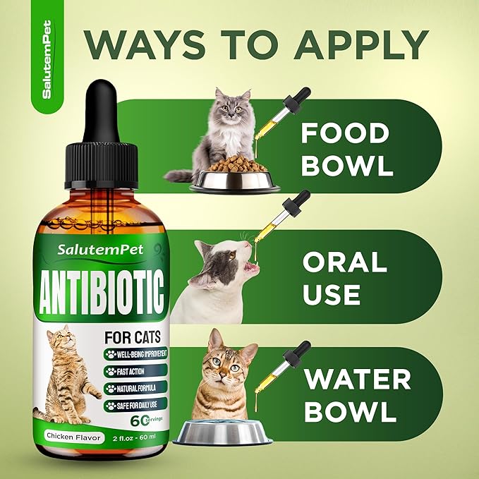 Cat Antibiotic for Infections, UTIs, Respiratory Moments, Cold, & Allergies | Antibiotics for Cats of All Ages & Breeds | Liquid Form | Natural Supplement with Chicken Flavor | 2 Oz