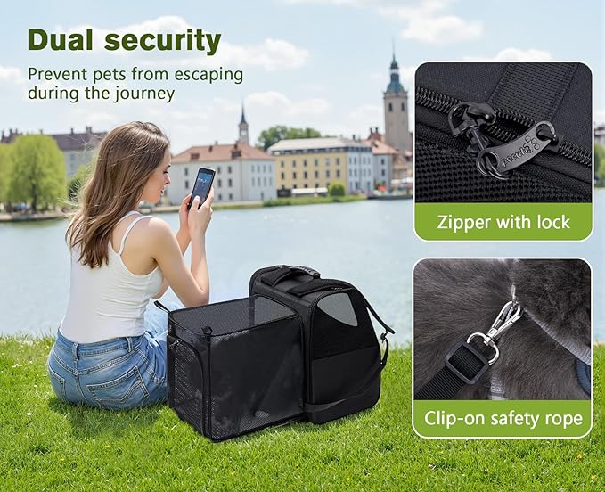 Expandable Cat Backpack Carrier — Ventilated Mesh, Safety Leash, Up to 11lbs (Black)