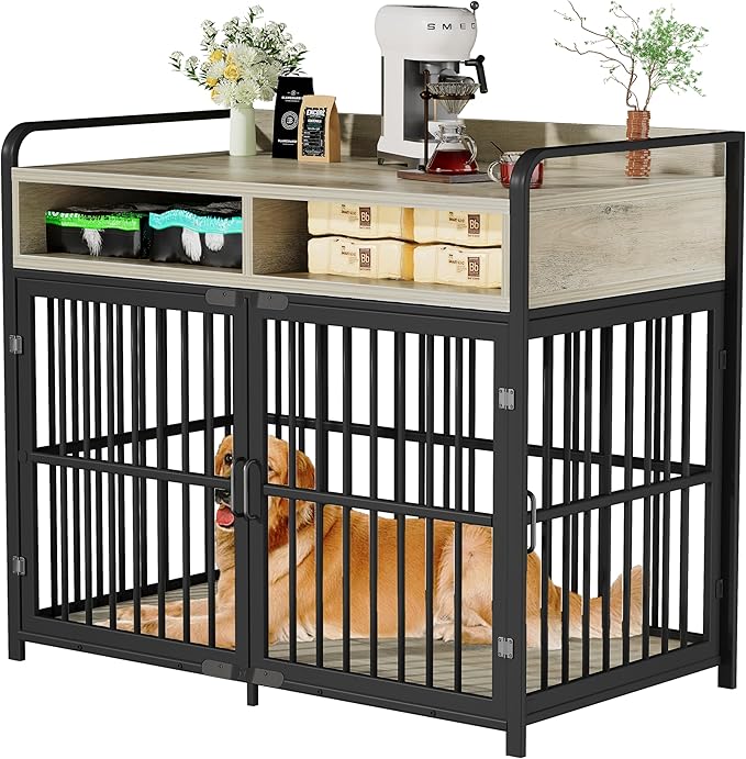 Large Dog Crate Furniture with Drawers Storage, Puppy Dog Kennel Indoor with Double Doors, Heavy Duty Wooden Dog Cage Table, Sturdy Metal, Gray