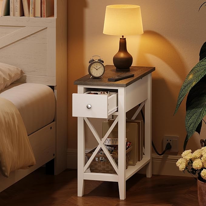 ChooChoo Farmhouse End Table with Charging Station, Accent Small Side Table Nightstand for Living Room, Bedroom, and Small Spaces, Soft White