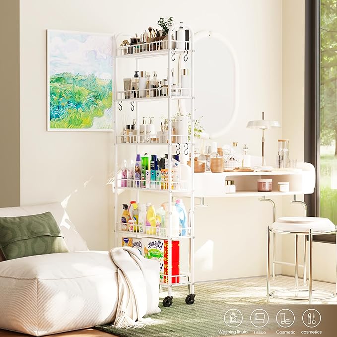 6-Tier Slim Storage Cart, Rolling Kitchen Cart with Wheels, Narrow Metal Shelf Organizer with Hooks for Kitchen, Bathroom, Living Room, Laundry, Small Spaces (White, 6 in)