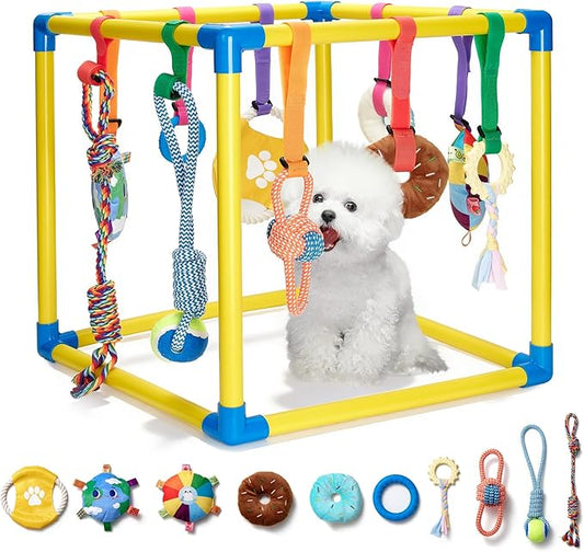 Puppy Play Gym with 10 Hanging Toys, 19.6" Dog Jungle Gym PVC Frame with 10 Interactive Enrichment Toys & Straps for Small Dogs Cats, Indoor Funny Puppy Gym Pet Supplies Essentials