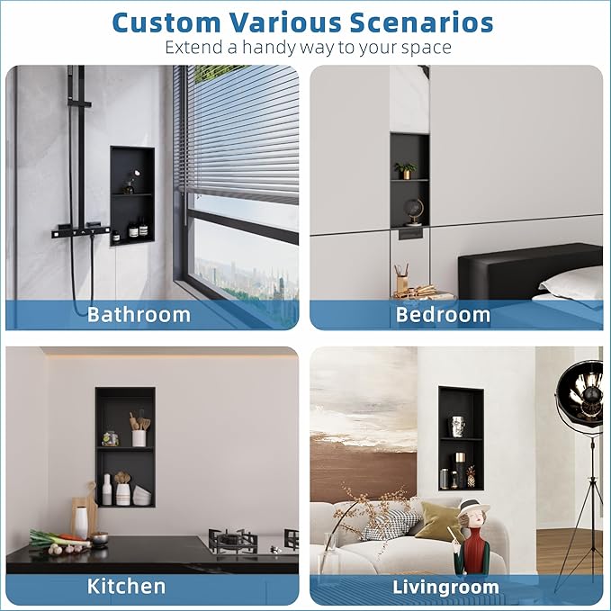 Shower Niche Stainless Steel: No Tile Needed Double Layer - 12x24 Inchs Recessed Wall Niches Shelf for Bathroom Storage - Matte Black