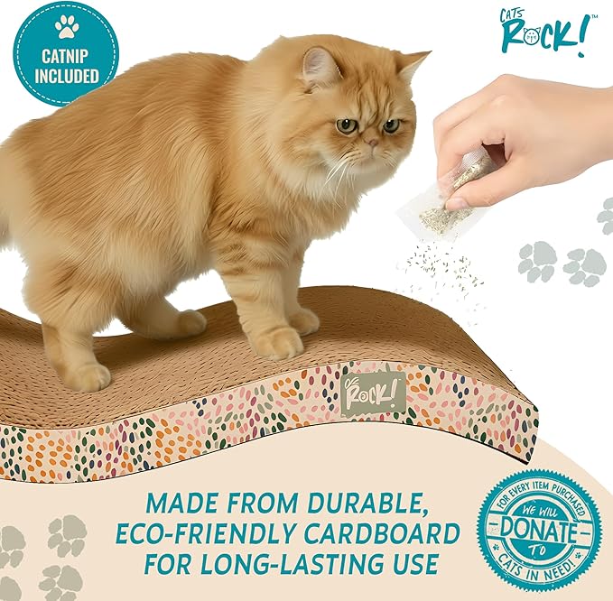Cats Rock Scratching Board for Indoor Cats, Corrugated Cardboard Cat Scratcher with Catnip, Double-Sided Scratch Pad, Paws & Sardines Wave Design (Pack of 2)