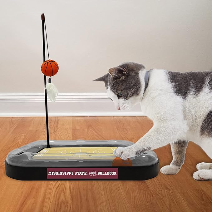 Cat Scratch Toy NCAA Mississippi State Bulldogs Reversible Basketball Court Felt/Cardboard Cat Scratcher Toy. Interactive Cat Ball Bell. 6-in-1 CAT Toy: Cat Wand Poll Catnip-Filled Plush Basketball
