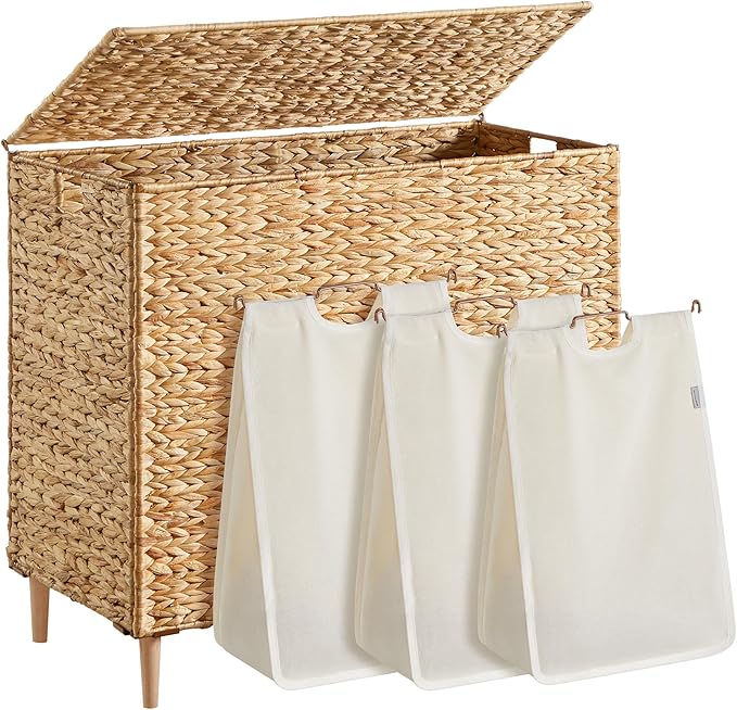 SONGMICS Laundry Hamper 3 Sections, 47.5 Gal. (180 L) Handwoven Water Hyacinth Wicker Laundry Basket with Lid, Natural Material, Removable Machine Washable Liners, Handles, Natural ULCB203Y01