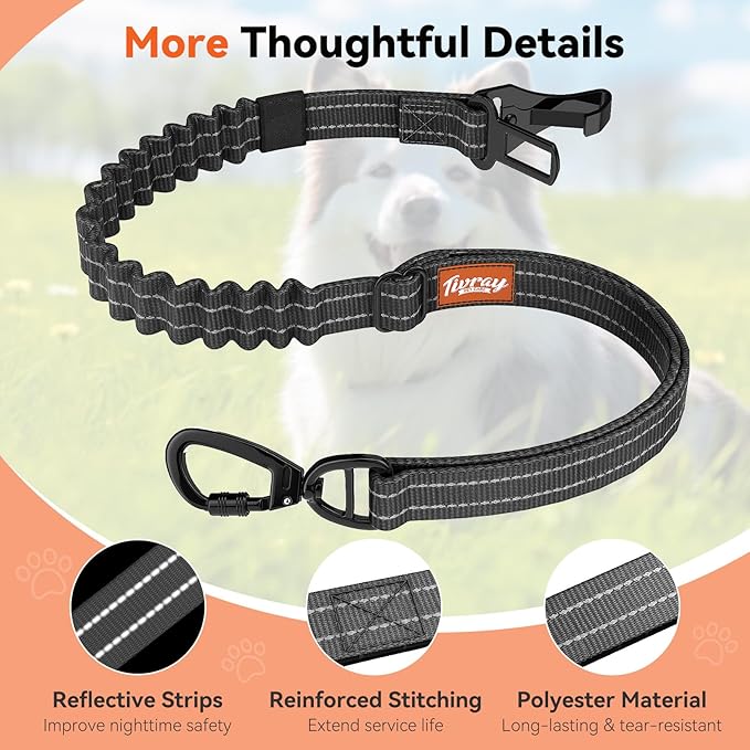 2Pcs Dog Seat Belt, Dog Car Seat Belt Bungee, Car Harness for Pet with Buckle & Hook Latch, Safety Leash Vehicle, Adjustable Reflective Pet Vehicle Tether, 360° Swivel Lock Clasp, Black