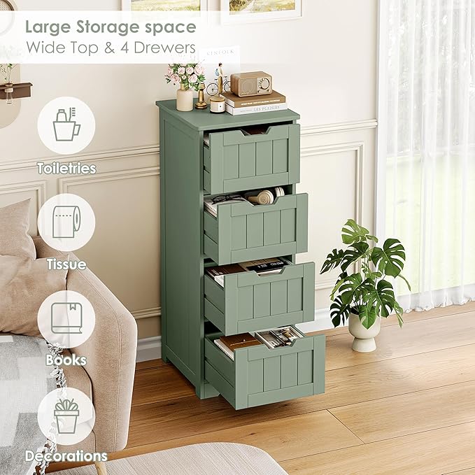 FOTOSOK Bathroom Storage Cabinet Set of 2, Bathroom Cabinet with 4 Drawers, 11.8” x 11.8” x 32.5” Freestanding Entryway Cupboard Storage Organizer Unit Home Furniture Decor, Green