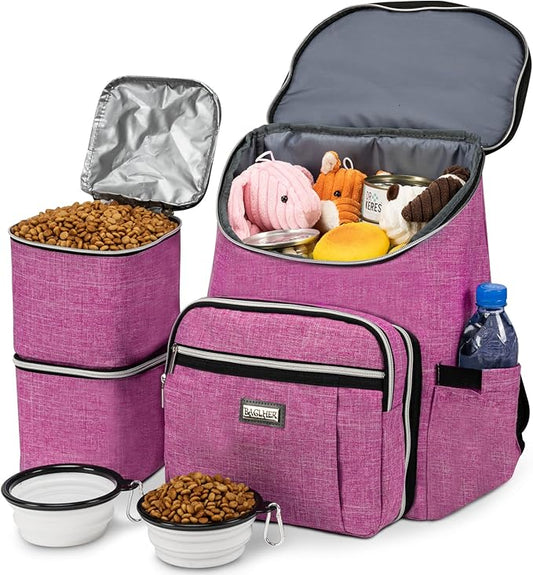 BAGLHER Travel Dog Backpack - Detachable Travel Dog Food Container for Pet Supplies Dog Gear Backpack,Dog Bag for Traveling with 2 Silicone Collapsible Bowls and 2 Food Baskets Pink