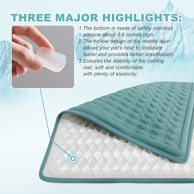 Newly Upgraded Dog Cooling Mat 34x23 in,Ice Breathable Fabric, Solid Silicone Honeycomb Heat Dissipation Structure, Long-Lasting Coolness Cooling Mat for Dogs(Q-Max>0.5) Washable& Non-Toxic