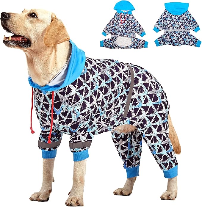 LovinPet Large Pitbull Dogs Onesies - Wound Care/Post Surgery Dog Clothes, Anxiety Relief Shirt for Dogs, Large Breed Dog Jammies, Lightweight Stretchy, Reflective Stripe, Brown Shark Print/L