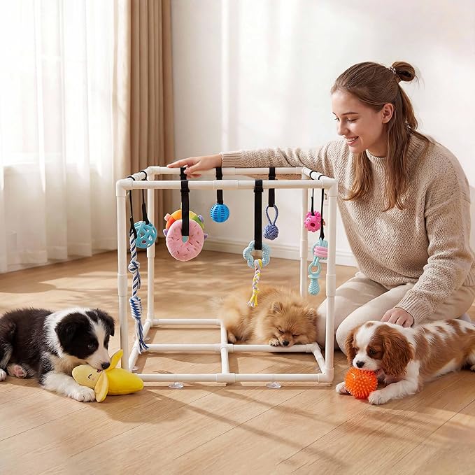 Puppy Play Gym with 15 Puppy Toys, Indoor Jungle Gym with Puppy chewingToys for Teething & Mental Stimulation, 23.2" Small Dog Play PVC Frame with Straps and Storage Bag
